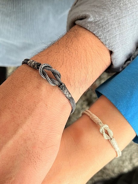 Kazaziye Çift Zincir Gemici Düğümü Bileklik Çift Seti, El Yapımı Örgü , Gümüş Siyah, Sevgili Kombini