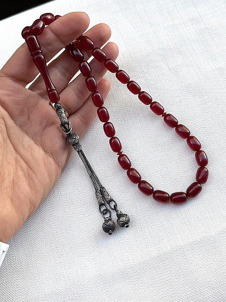 Çift Sallantılı Gümüş Kazaziye Püsküllü Ateş/Sıkma Kehribar Tesbih | Koleksiyonluk Seri