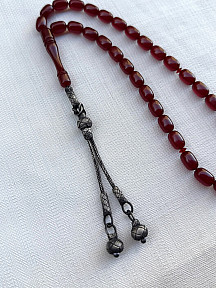 Çift Sallantılı Gümüş Kazaziye Püsküllü Ateş/Sıkma Kehribar Tesbih | Koleksiyonluk Seri