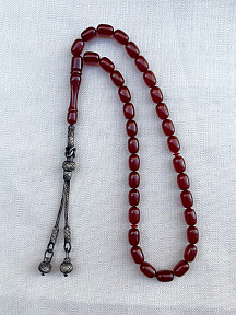 Çift Sallantılı Gümüş Kazaziye Püsküllü Ateş/Sıkma Kehribar Tesbih | Koleksiyonluk Seri