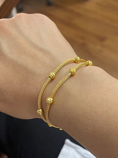 Dore Dorika Boncuklu Gümüş Kazaziye Iki Zincirli Altın Rengi Bileklik