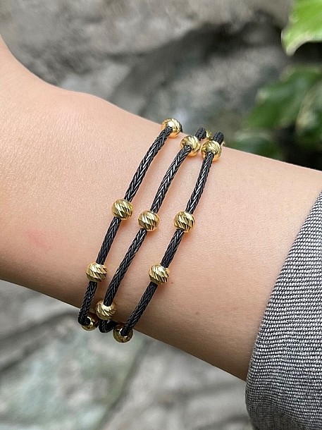 Dore Dorika Boncuklu Gümüş Kazaziye Üç Zincirli Siyah Bileklik