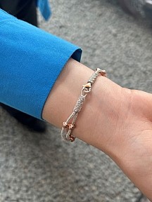 Dorika Boncuk Detaylı Iki Zincirli Altın Gümüş Rengi Kombinli Gümüş Bileklik