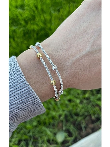 Dorika Boncuk Detaylı Iki Zincirli Altın Gümüş Rengi Kombinli Gümüş Bileklik