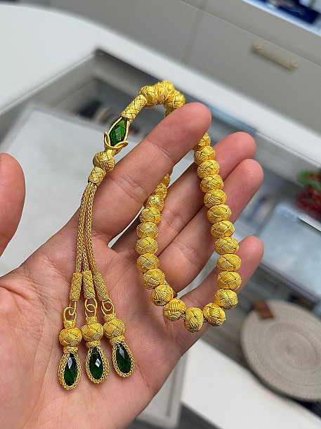 El Yapımı Altın Kaplama Kazaziye Gümüş Tesbih (999 Ayar, 33 Tane, 8x9mm)