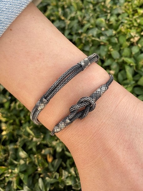 Kazaziye Gemici Düğüm Bileklik Kombin, El Yapımı Örgü ve Çift Zincir Set, Oksitli, Klasik Unisex