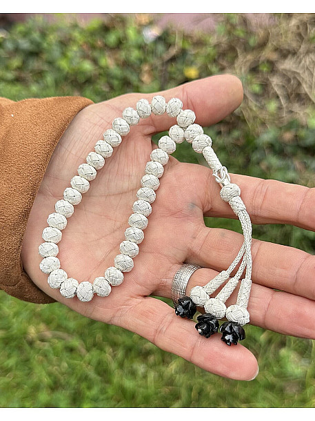 Gül Detaylı Üç Sallantılı Gümüş Rengi Gümüş Kazaziye Tesbih - Kazaz Tesbih Sevenlere En Güzel Hediye