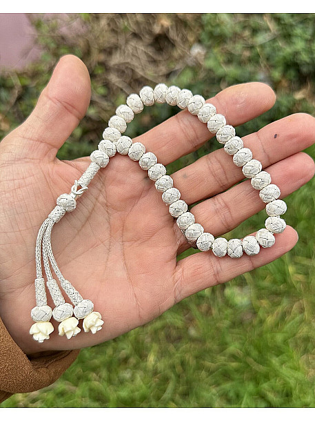 Gül Detaylı Üç Sallantılı Gümüş Rengi Gümüş Kazaziye Tesbih - Kazaz Tesbih Sevenlere En Güzel Hediye