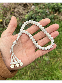 Gül Detaylı Üç Sallantılı Gümüş Rengi Gümüş Kazaziye Tesbih - Kazaz Tesbih Sevenlere En Güzel Hediye