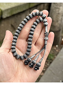 Gül Detaylı Üç Sallantılı Oksitli Gümüş Kazaziye Tesbih - Kazaz Sevenlere En Güzel Hediye