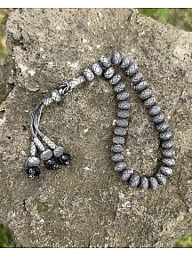 Gül Detaylı Üç Sallantılı Oksitli Gümüş Kazaziye Tesbih - Kazaz Sevenlere En Güzel Hediye