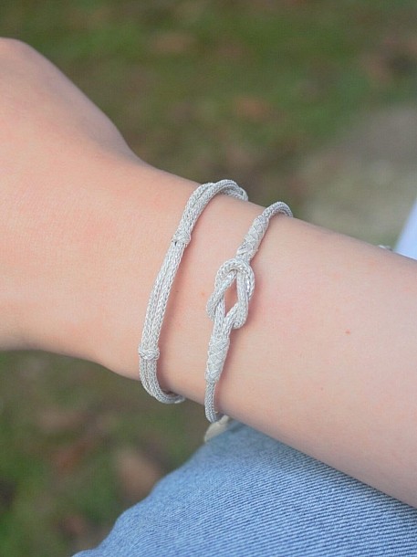 Kazaziye Gemici Düğümü Bileklik Kombin, Çift Zincir ve El Yapımı Örgü Set (2’li), Gümüş, Zarif İnce