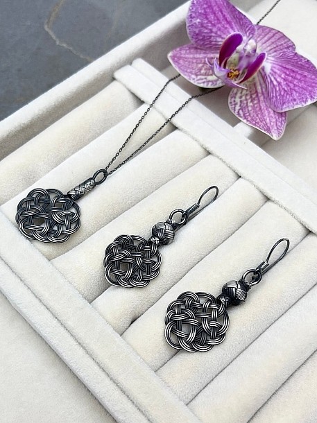 Gümüş Kazaziye Aşk Düğümü Kolye Küpe Set - Set011