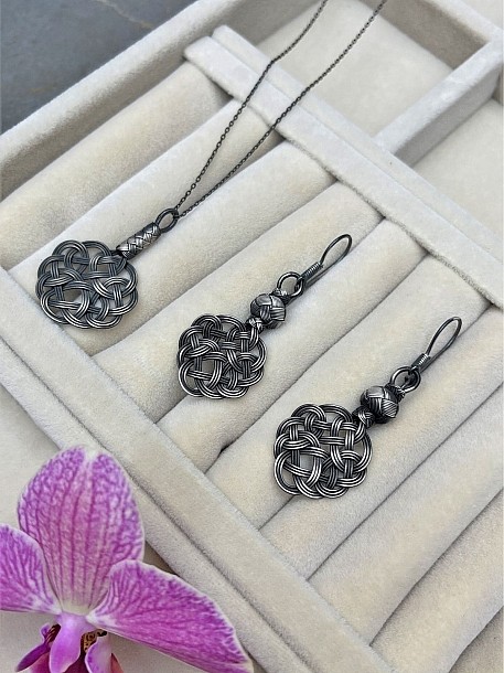 Gümüş Kazaziye Aşk Düğümü Kolye Küpe Set - Set011