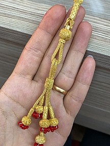 Gümüş Kazaziye Beş Sallantılı Şahinbey Modeli Altın Rengi Kırmızı Çiçek Detaylı Tesbih Püskülü