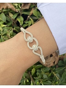 Gümüş Kazaziye Çift Top Detaylı Örme Bileklik- Geleneksel Tasarım El İşi Bileklik
