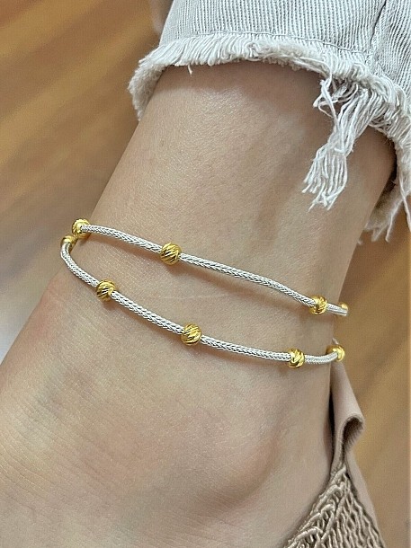 Çift Sıra Gümüş Zincir Üzeri Altın Rengi Dorika Boncuklu Kazaziye Halhal 24 cm HAL02