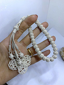 Gümüş Kazaziye El İşçiliği Aşk Düğümü Dört Sallantılı Orta Boy Tesbih- Hediyelik- Özel Ürün