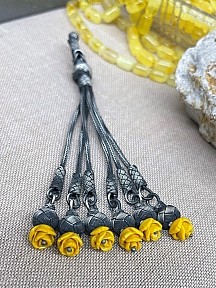 Gümüş Kazaziye El Örgüsü Gül Detaylı Altı Sallantılı Tesbih Püskülü