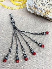 Gümüş Kazaziye El Örgüsü Gül Detaylı Altı Sallantılı Tesbih Püskülü