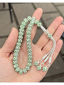 Gümüş Kazaziye El Örgüsü Orta Boy Renkli Top Detaylı Gümüş Kazaz Tesbih