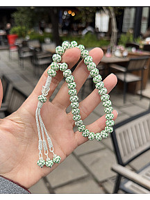 Gümüş Kazaziye El Örgüsü Orta Boy Renkli Top Detaylı Gümüş Kazaz Tesbih