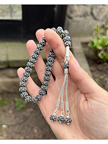 Gümüş Kazaziye El Örgüsü Orta Boy Renkli Top Detaylı Gümüş Kazaz Tesbih