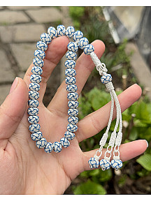 Kazzaze Gümüş Kazaziye El Örgüsü Orta Boy Renkli Top Detaylı Gümüş Kazaz Tesbih