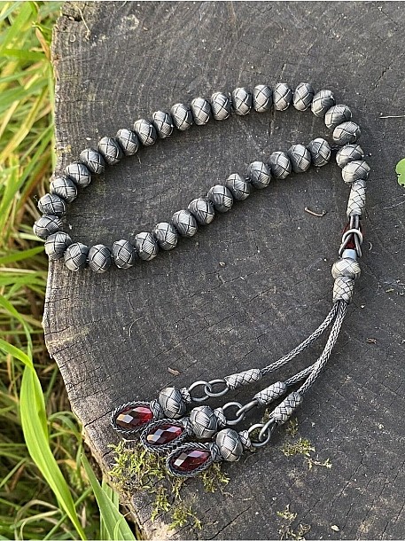 Gümüş Kazaziye El Örmesi Koleksiyonluk Tesbih Kırmızı Zirkon Taşlı Oksitli Gümüş