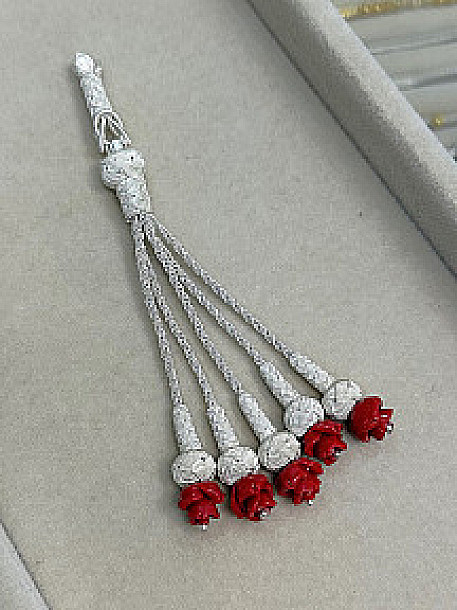 Gümüş Kazaziye Gül Detaylı Beş Sallantılı Gümüş Tesbih Püskülü