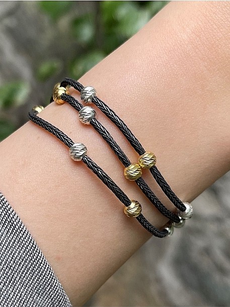 Gümüş Kazaziye Karışık Renkli Dorika Boncuklu Üç Zincirli Siyah Bileklik