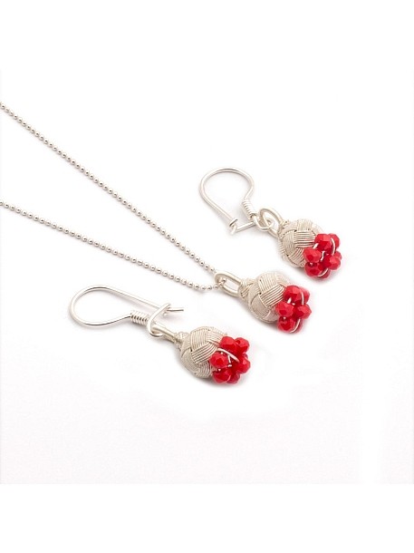 Gümüş Kazaziye Kırmızı Tomurcuk Küpe Kolye Set