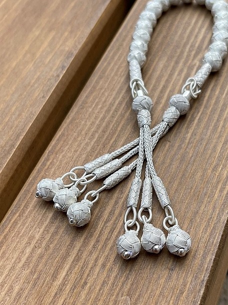 Gümüş Kazaziye Klasik Model Üç Püsküllü El Örgüsü Zaza Tesbih - Koleksiyon Tesbihi