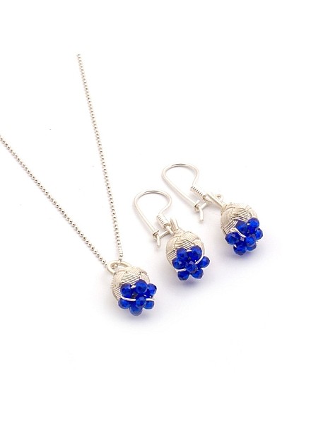 Gümüş Kazaziye Mavi Tomurcuk Küpe Kolye Set