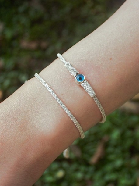 Gümüş Kazaziye Nazar Boncuklu Bileklik Kombin, El Yapımı Örgü ve Zincir Set, Parlak Gümüş, Unisex