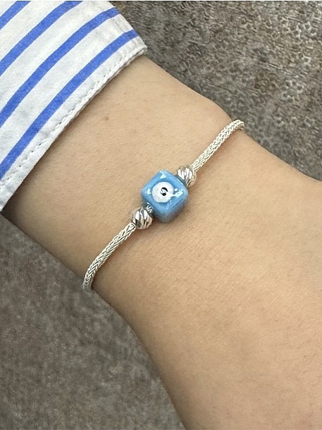 Gümüş Kazaziye Nazar Boncuklu ve Dorika Detaylı Bileklik