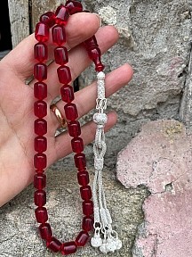 Gümüş Kazaziye Şahinbey Dört Püsküllü Kırmızı Ateş Kehribar Tesbih