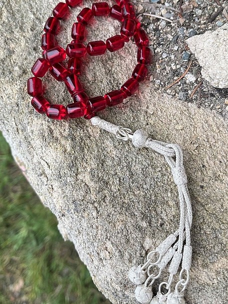 Gümüş Kazaziye Şahinbey Dört Püsküllü Kırmızı Ateş Kehribar Tesbih