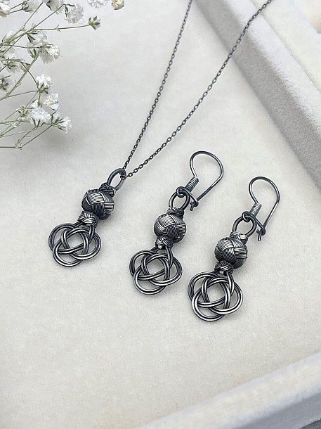 Gümüş Kazaziye Şems Düğümü Kolye Küpe Set - Set012 Iki Sıralı