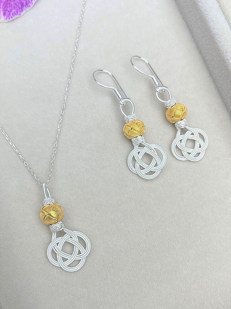 Gümüş Kazaziye Şems Düğümü Kolye Küpe Set - Set09