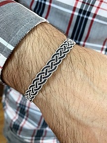 Gümüş Kazaziye Siyah Beyaz Detaylı Unisex Dört Sıralı Örme Bileklik