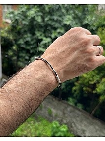 Gümüş Kazaziye Siyah Beyaz Zincir Örgü Detaylı Bileklik
