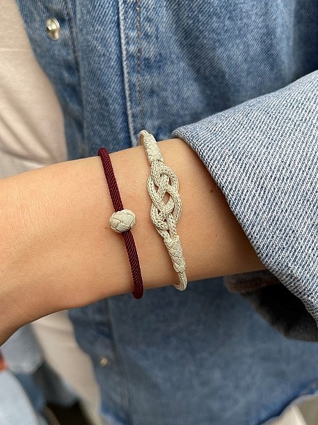 Kazaziye Sonsuzluk Bileklik Kombin, Bordo, 999 Ayar Gümüş, Zincir ve Top Detaylı Set (2’li)