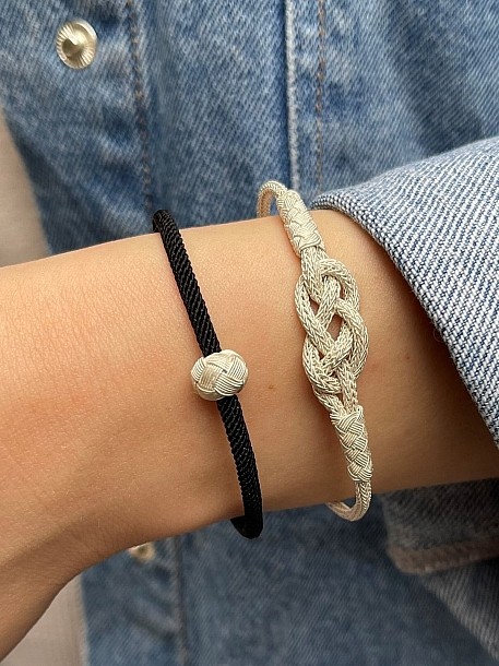 Kazaziye Sonsuzluk Bileklik Kombin, Siyah, 999 Ayar Gümüş, Zincir ve Top Detaylı Set (2’li)