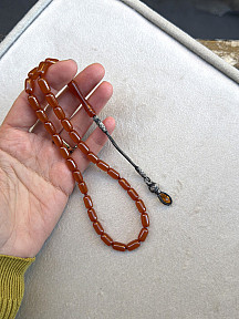 Kazzaze Gümüş Kazaziye Tekli Püsküllü Hediyelik Ateş/ Sıkma Kehribar Özel İşçilikli Tespih, Kutulu Ürün