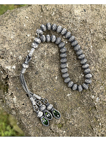 Gümüş Kazaziye Üç Sallantılı Renkli Zirkon Taş Detaylı El Örmesi Bilek Boy Tespih 9x8mm