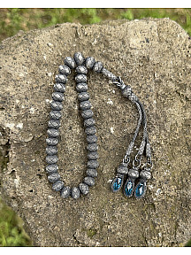 Gümüş Kazaziye Üç Sallantılı Renkli Zirkon Taş Detaylı El Örmesi Bilek Boy Tespih 9x8mm