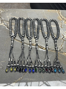 Gümüş Kazaziye Üç Sallantılı Renkli Zirkon Taş Detaylı El Örmesi Bilek Boy Tespih 9x8mm