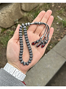 Gümüş Kazaziye Üç Sallantılı Renkli Zirkon Taş Detaylı El Örmesi Bilek Boy Tespih 9x8mm