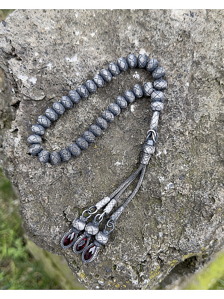 Gümüş Kazaziye Üç Sallantılı Renkli Zirkon Taş Detaylı El Örmesi Bilek Boy Tespih 9x8mm